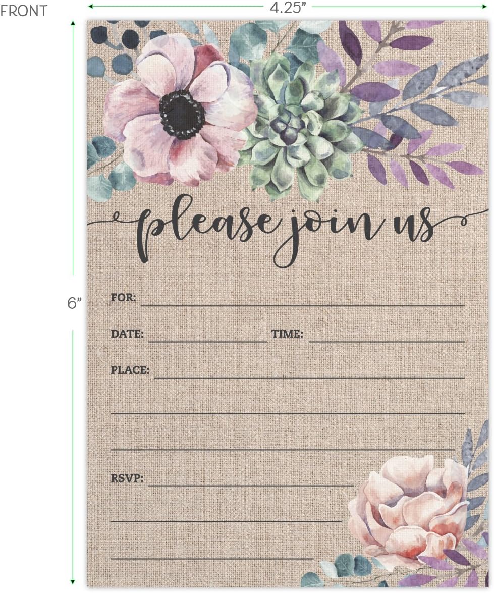 Rustic Burlap Invitations with Florals. 25 Lavender Envelopes and Fill in the Blank Invites for Bridal Showers, Baby Showers, Birthdays, Graduations, Christening, Baptism, Dinner Parties, Rehearsal Di