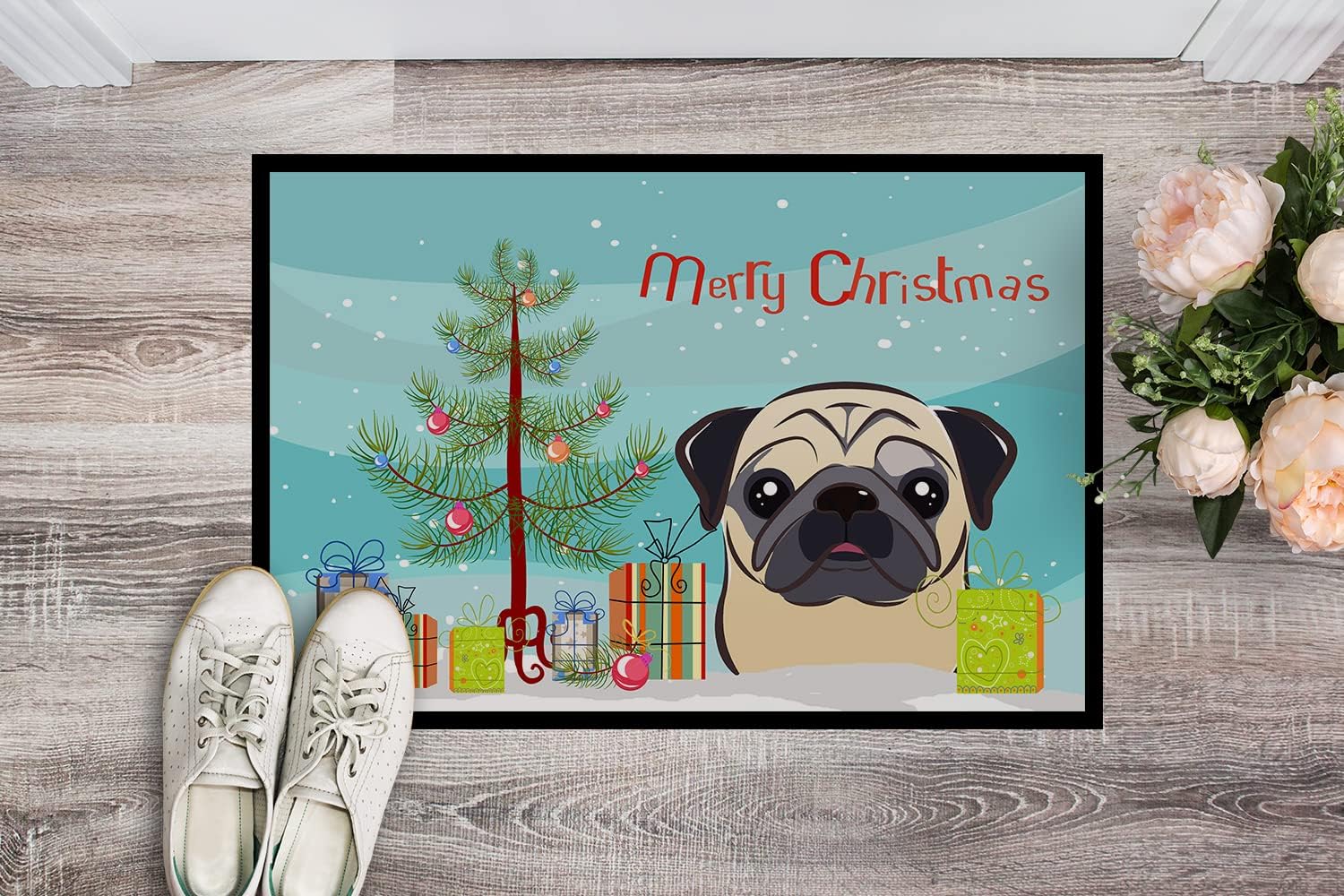 Caroline's Treasures BB1634JMAT Christmas Tree and Fawn Pug Doormat 24x36 Front Door Mat Indoor Outdoor Rugs for Entryway, Non Slip Washable Low Pile, 24H X 36W