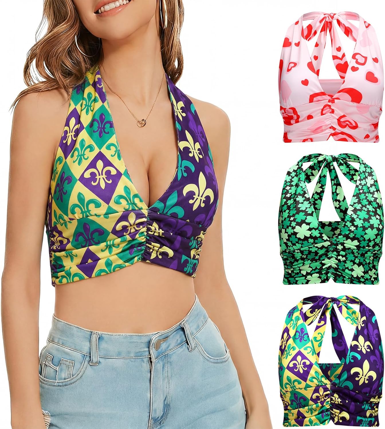 Zoooyawn 3 Pcs Mardi Gras Heart Top Sexy Valentine's Day St. Patrick's Day Going Out Halter Crop Tank Top for Women