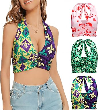 Zoooyawn 3 Pcs Mardi Gras Heart Top Sexy Valentines Day St. Patricks Day Going Out Halter Crop Tank Top for Women