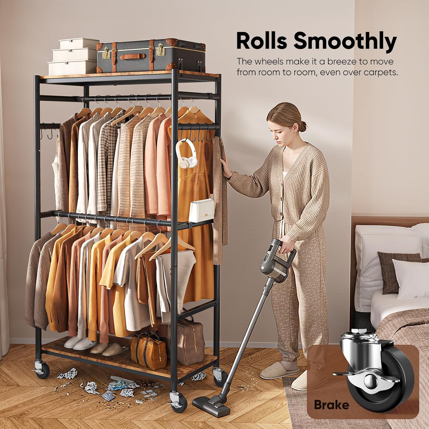 HOKEEPER Heavy Duty Rolling Clothes Rack, Metal Closet Organizer with Wood Shelves, Adjustable 70.9"-79.9" H x 39.3" W Freestanding Wardrobe for Bedroom, Max Load 450 LBS