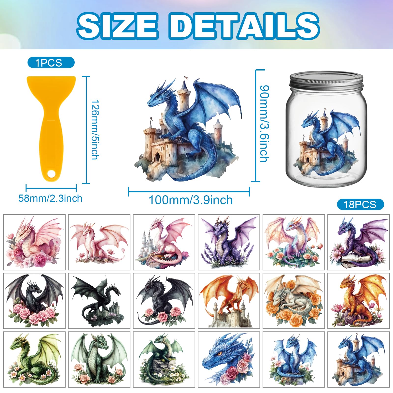 GLOBLELAND 18 Sheets Fantasy Dragon Transfer Stickers 3.9x3.6inch Magic Flower Colorful Transfer Decal Castle Rub on Transfer for Furniture Vase Glass Art Crafts Decorations - Image 2
