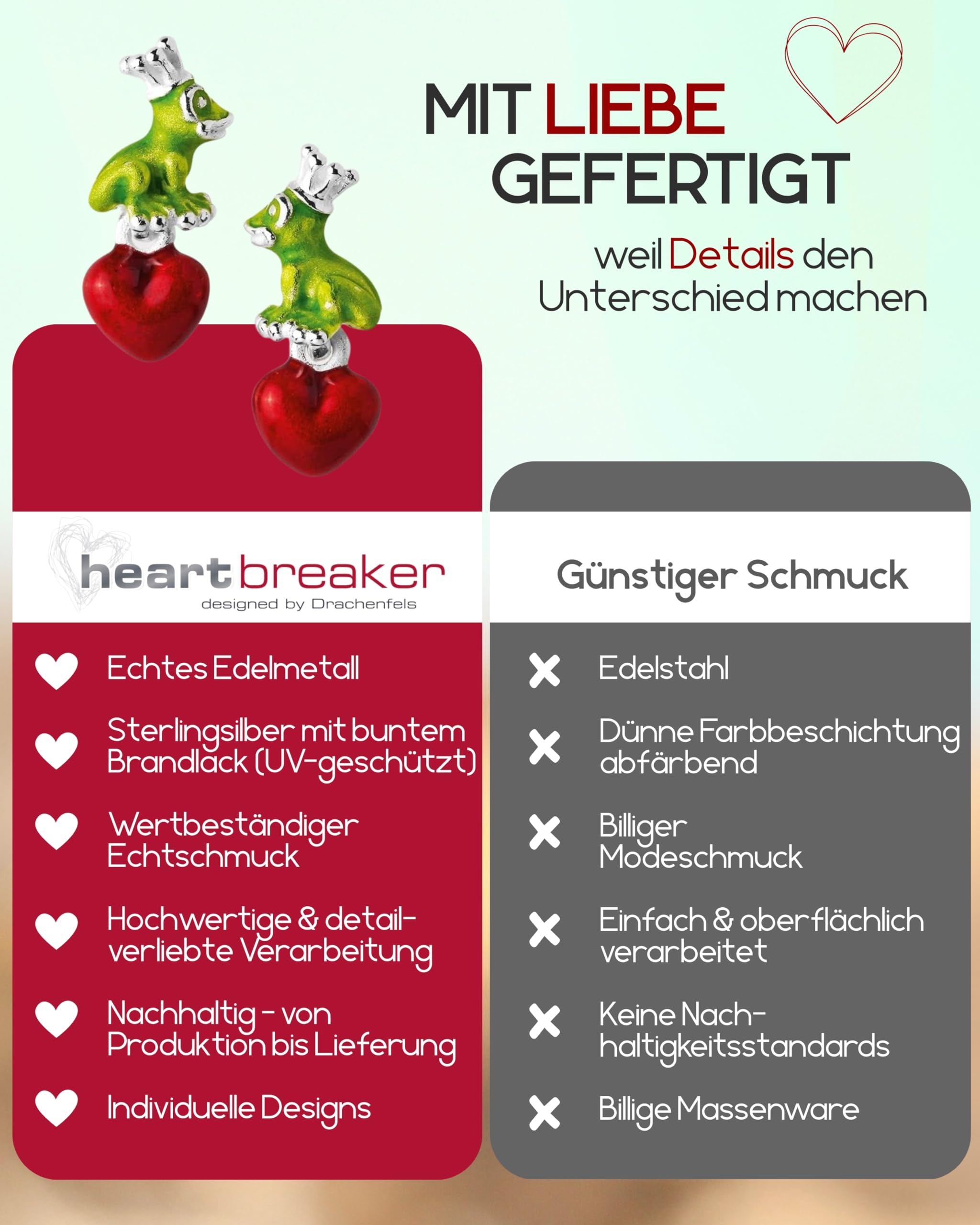 Heartbreaker "Froggy" Frosch-Ohrringe mit Herz I Edle Ohrstecker aus 925 Sterling Silber & Brandlack I Nickelfreie Damen-Ohrringe inkl. Verpackung I In Goldschmiedequalität gefertigt I LD FG 23 GR