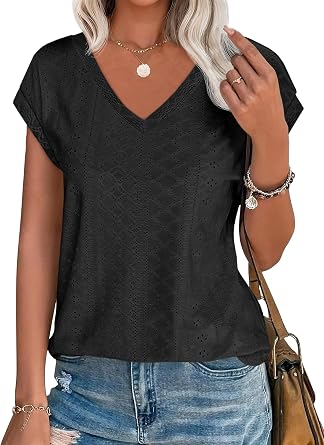 Imily Bela Womens V Neck T-Shirt Summer Cap Sleeve Dressy Casual Tops Eyelet Embroidered Fashion Tees