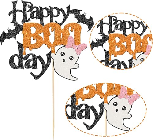 Miniatura 3 de Rsstarxi 1 paquete de decoración de pastel Happy Boo Day con purpurina Little Boo para fiesta de Halloween, decoración de pastel de murciélago