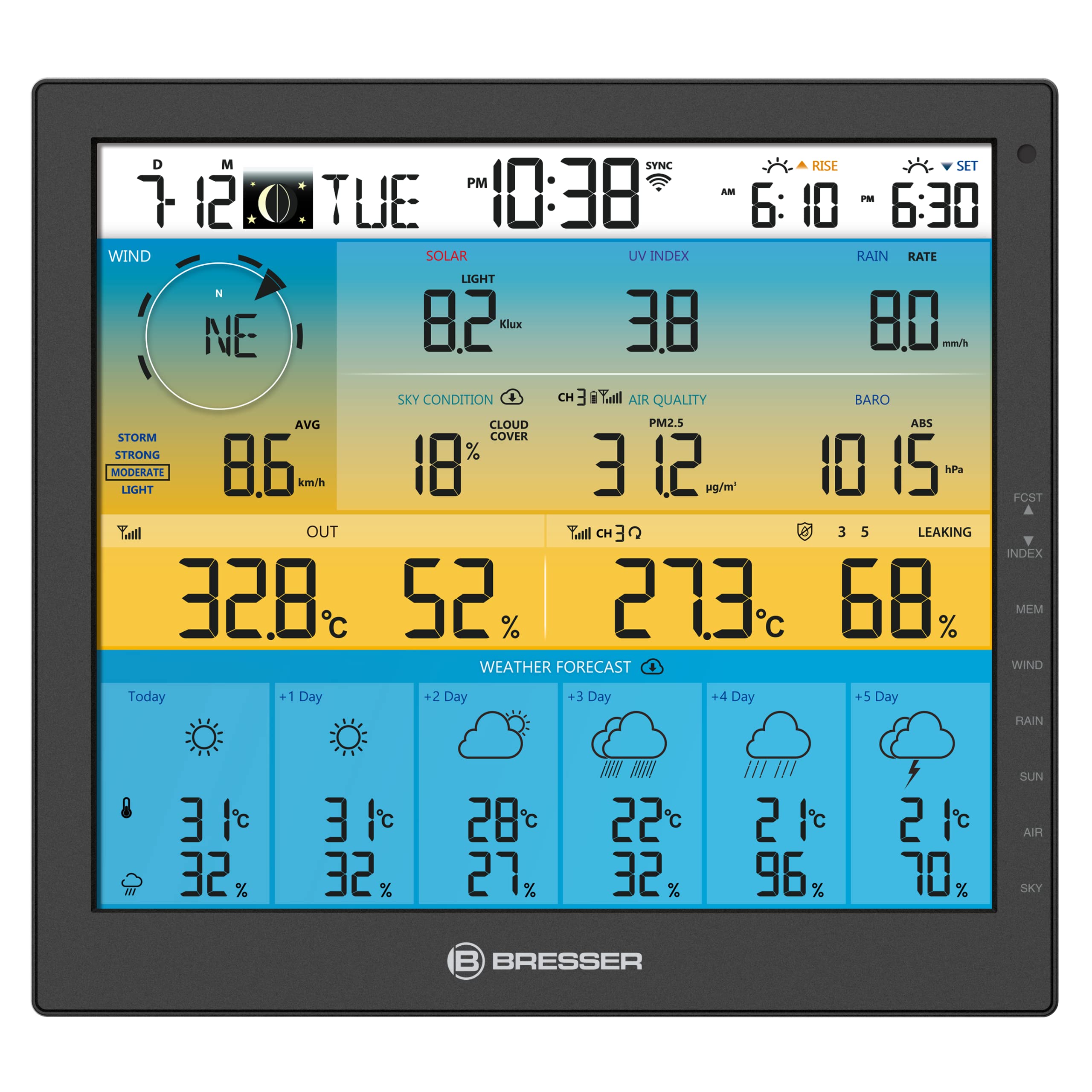 BRESSER WLAN 4CAST Station Météo sans Fil WiFi avec Capteur Extérieur 7 en 1 À L’énergie Solaire avec Prévisions Météo À 6 Jours et D’Autres Données Météo Noir