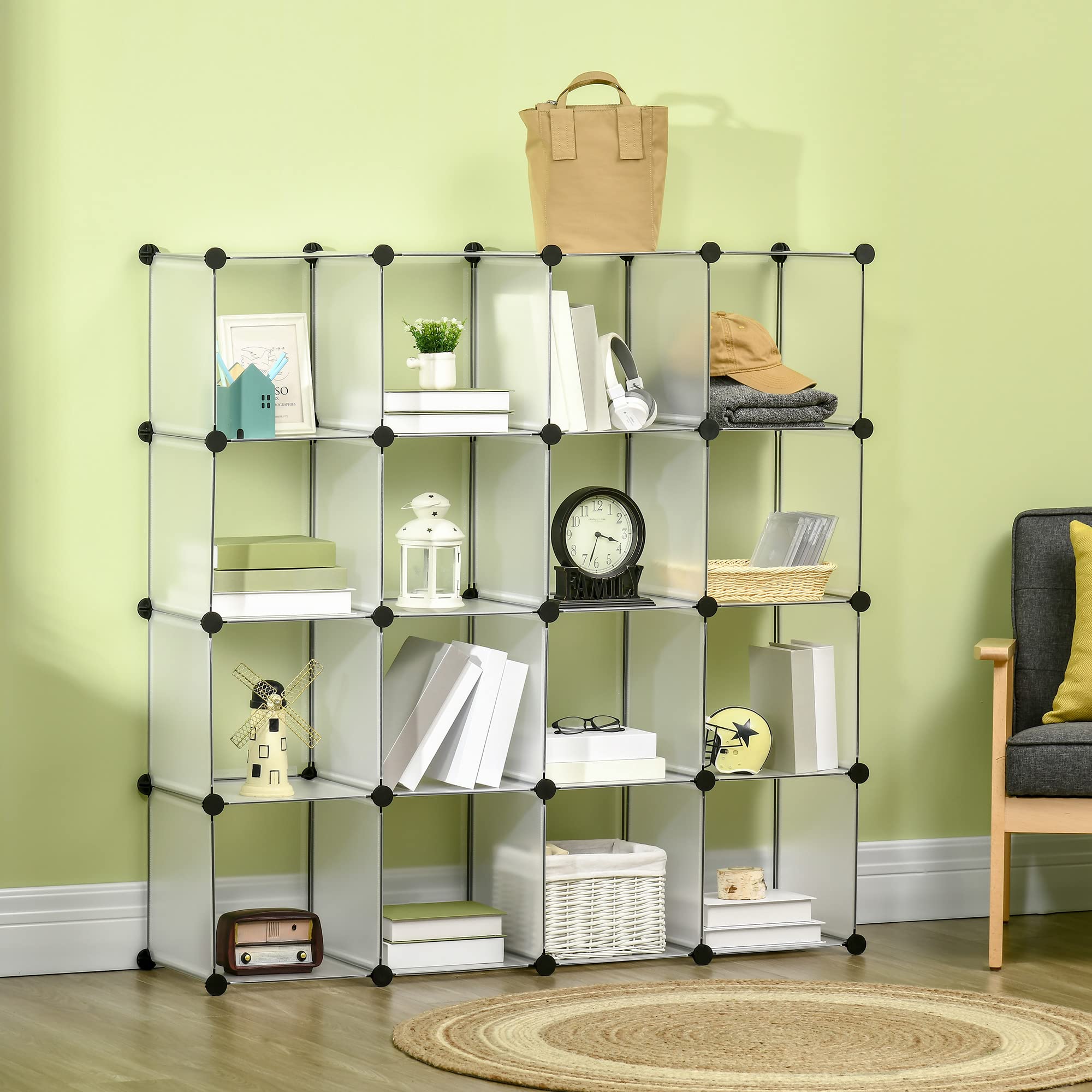HOMCOM Meuble de Rangement modulable, 16 Cubes, étagère de Rangement en Plastique, Meuble à Chaussures, vêtements, Livres, Jouets, Meuble casier Rangement Cube, Blanc