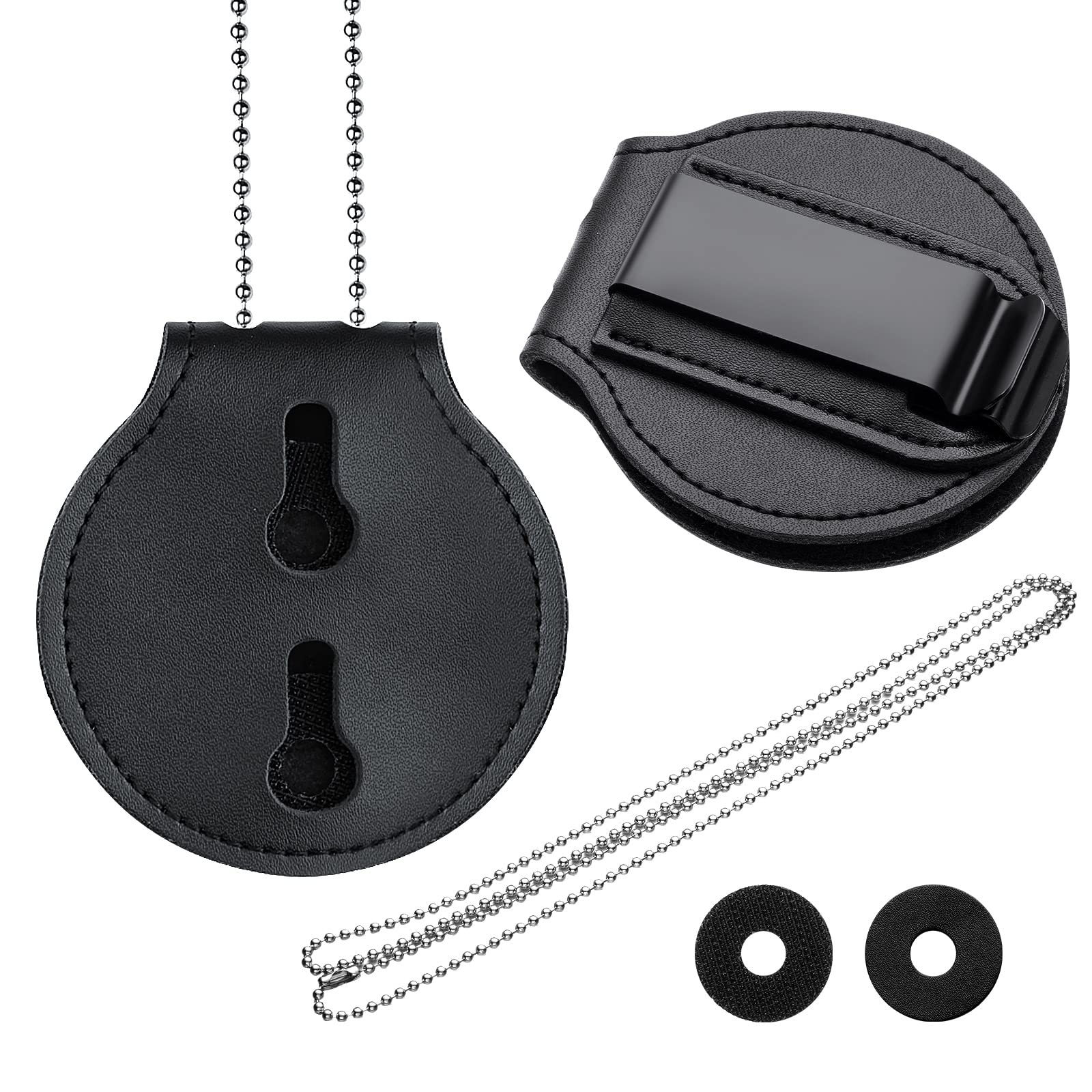 Sadnyy Police Badge Holder Neck Chain Leather Badge Security Card Holder with Inside ID Storage for Police, Firefighter, Detective (Round)