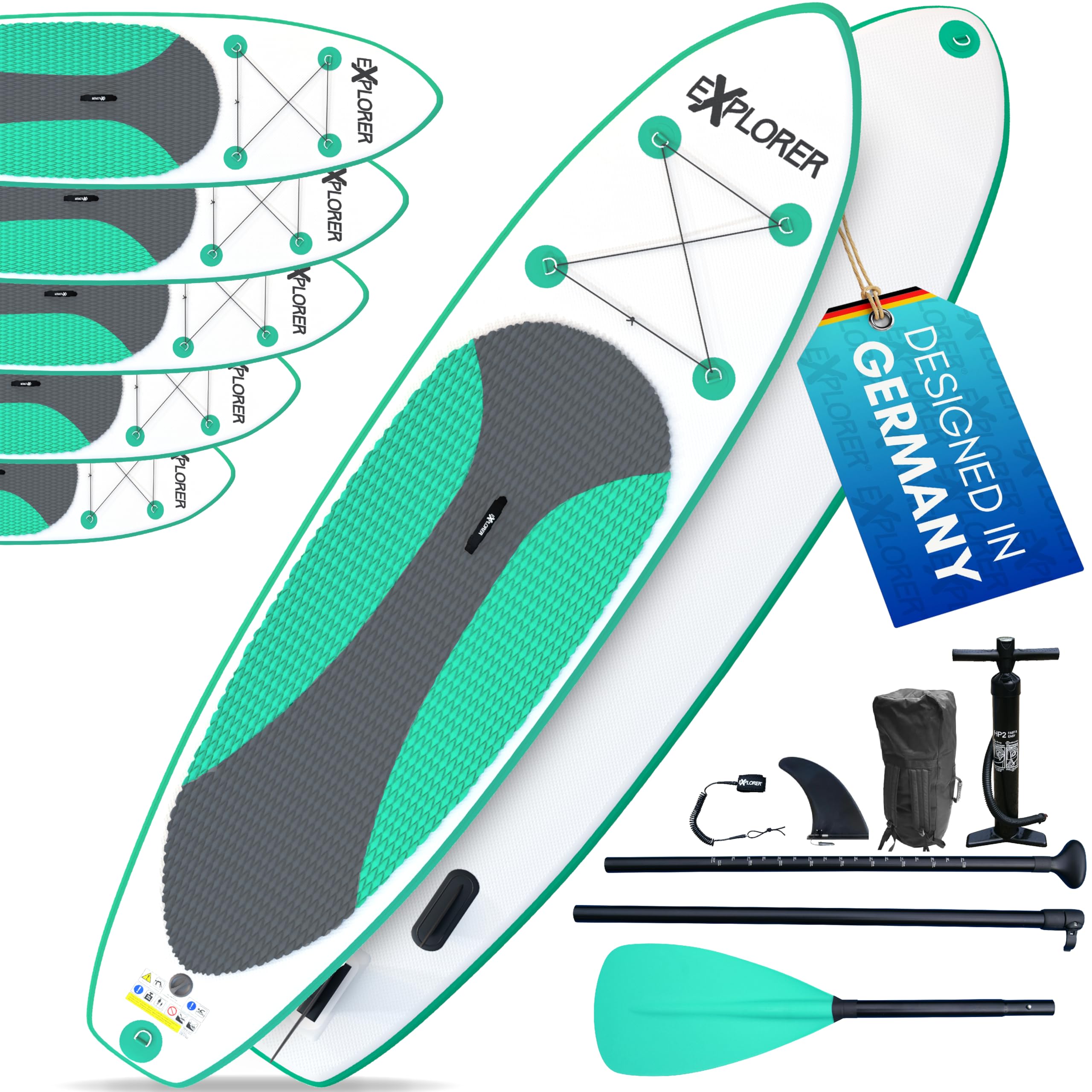 EXPLORER Wave SUP Stand Up Paddling Board Kinder bis Erwachsene mehrere Größen Mint 244cm-335cm bis 160kg Set mit Paddel, Rucksack, Pumpe, Finne und Flickenset