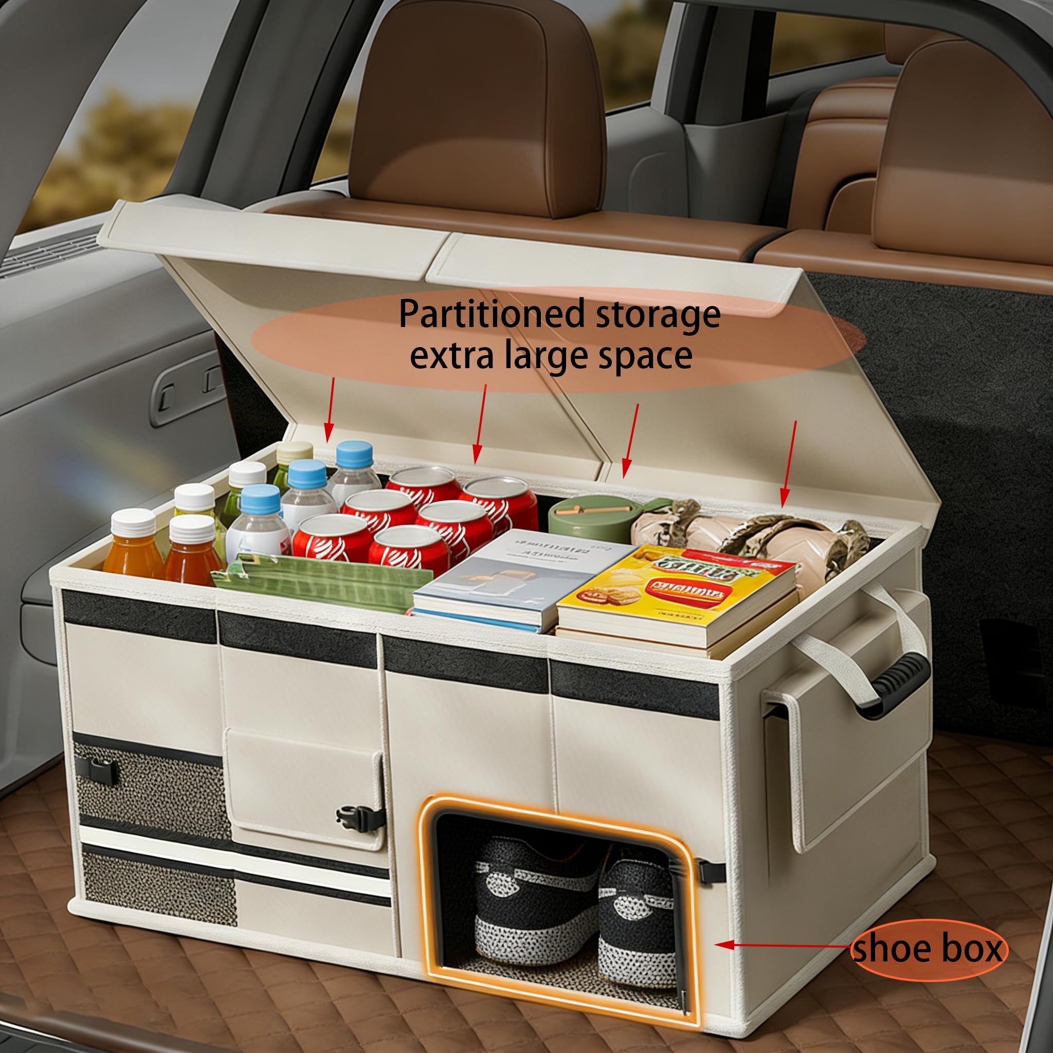 Organizador de Maletero de Coche Caja de Almacenamiento con Base Antideslizante Resistente al Desgaste, Duradero y con Gran Capacidad de Carga Organizador de Maletero con Compartimentos múlt