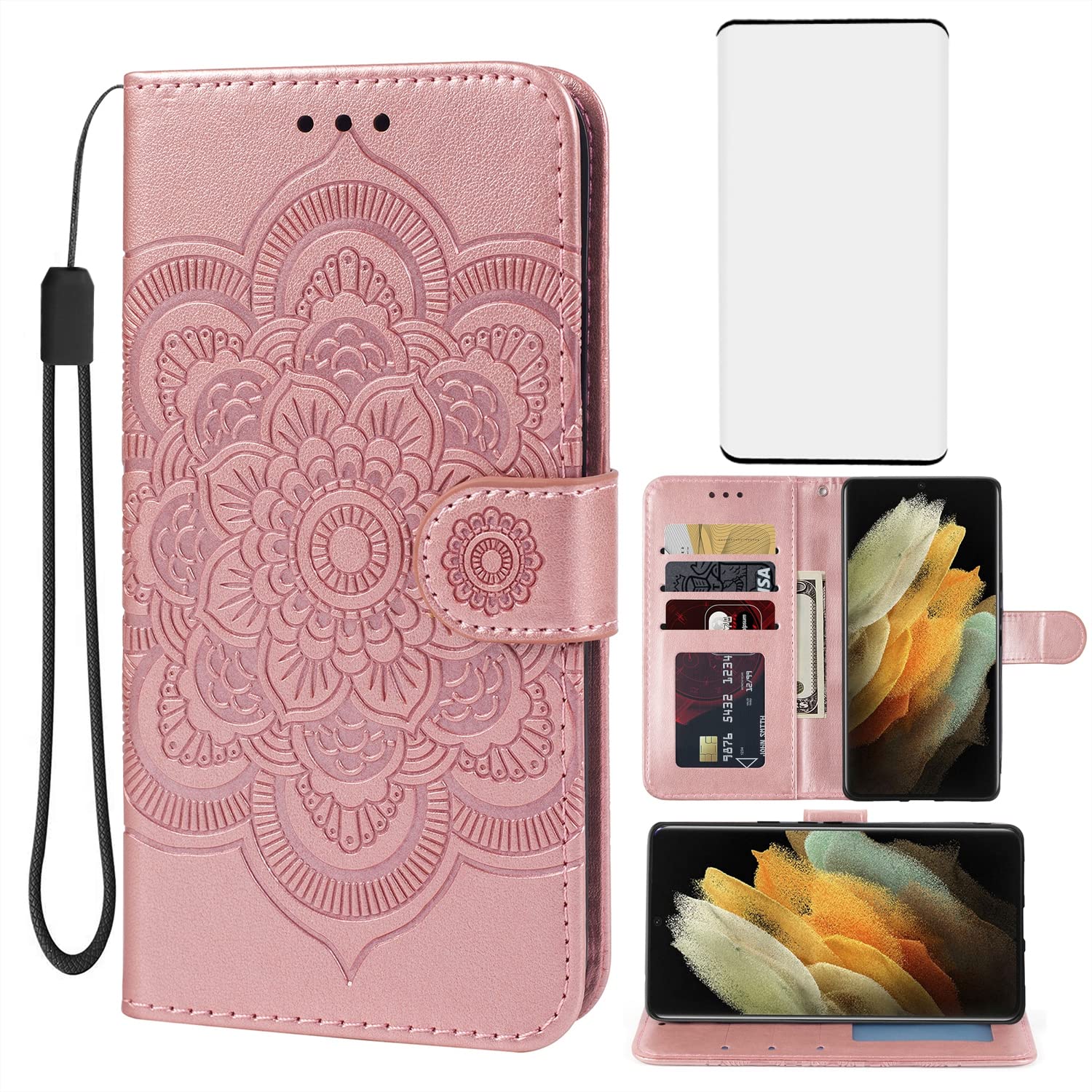 Bohefo Case for Galaxy S21 Ultra/Samsung S21 Ultra G998U Wallet Case with Tempered Glass Screen Protector, Leather Flip Credit Card Holder Stand Phone Cover for Samsung Galaxy S21 Ultra 5G Rose Gold