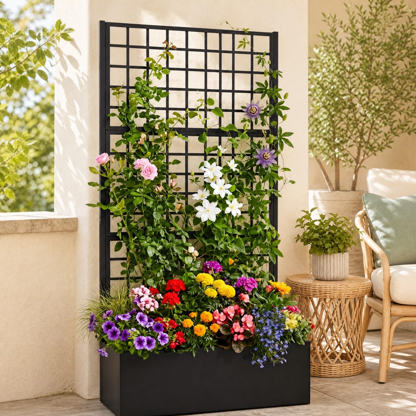 HOMASIS Jardinière avec Treillis en Métal (Rectangle, 90 x 40 x 180 cm) | Bac à Fleurs Surélevé Trous de Drainage pour Plantes Grimpantes, Jardinière Brise-Vue Extérieure