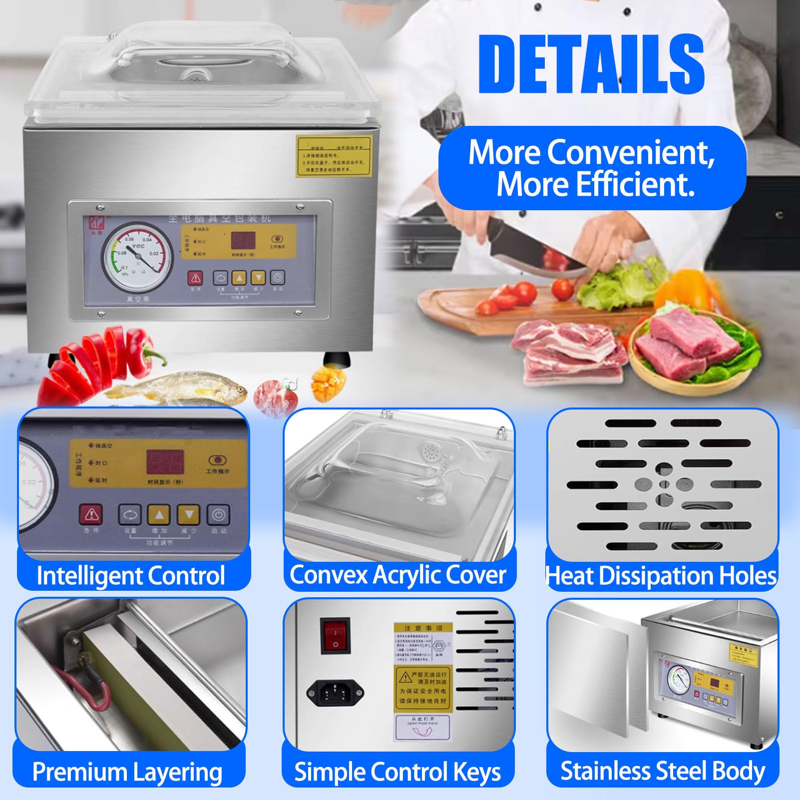 Selladora Al VacíO con CáMara De Acero Inoxidable, Barra De Sellado De 13 Pulgadas, MáQuina De Envasado Al VacíO AutomáTica, Control Digital, para Conservar Alimentos