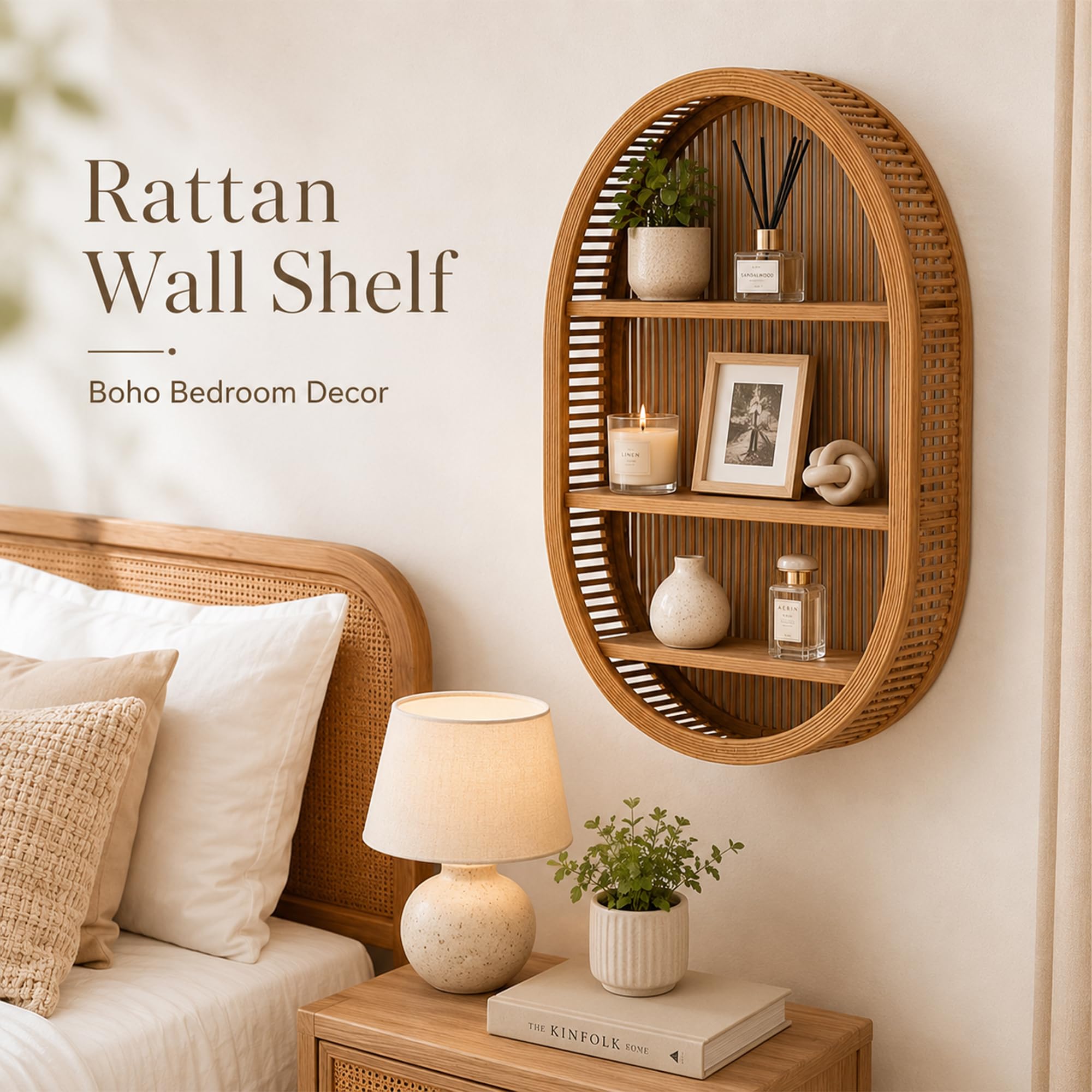JSWHYBD Estante de Pared de ratán 3 Niveles, Organizador Decorativo Boho