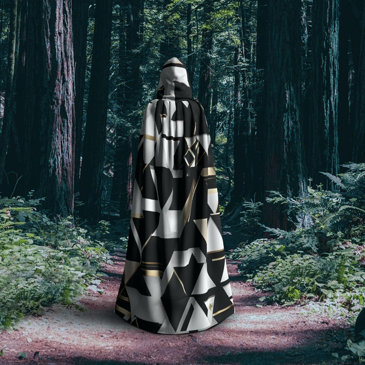 Fashion Modern Black White Gold Triangle print Halloween Hooded Robe Cloak for Adult Men Women Wizard Vampire Knight Fancy Cape Costume