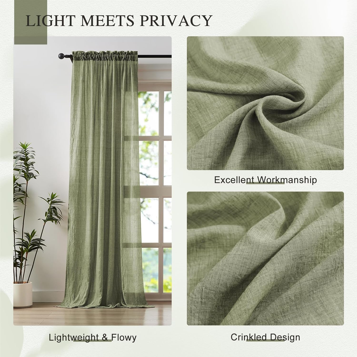 Sage Green Sheer Curtains 84 Inches Long Cotton Linen Textured for Living Room, Bedroom Light Filtering Privacy Sheer Drapes Natural Rod Pocket Rustic Voile Curtains, W52 x L84 in, 2 Panels