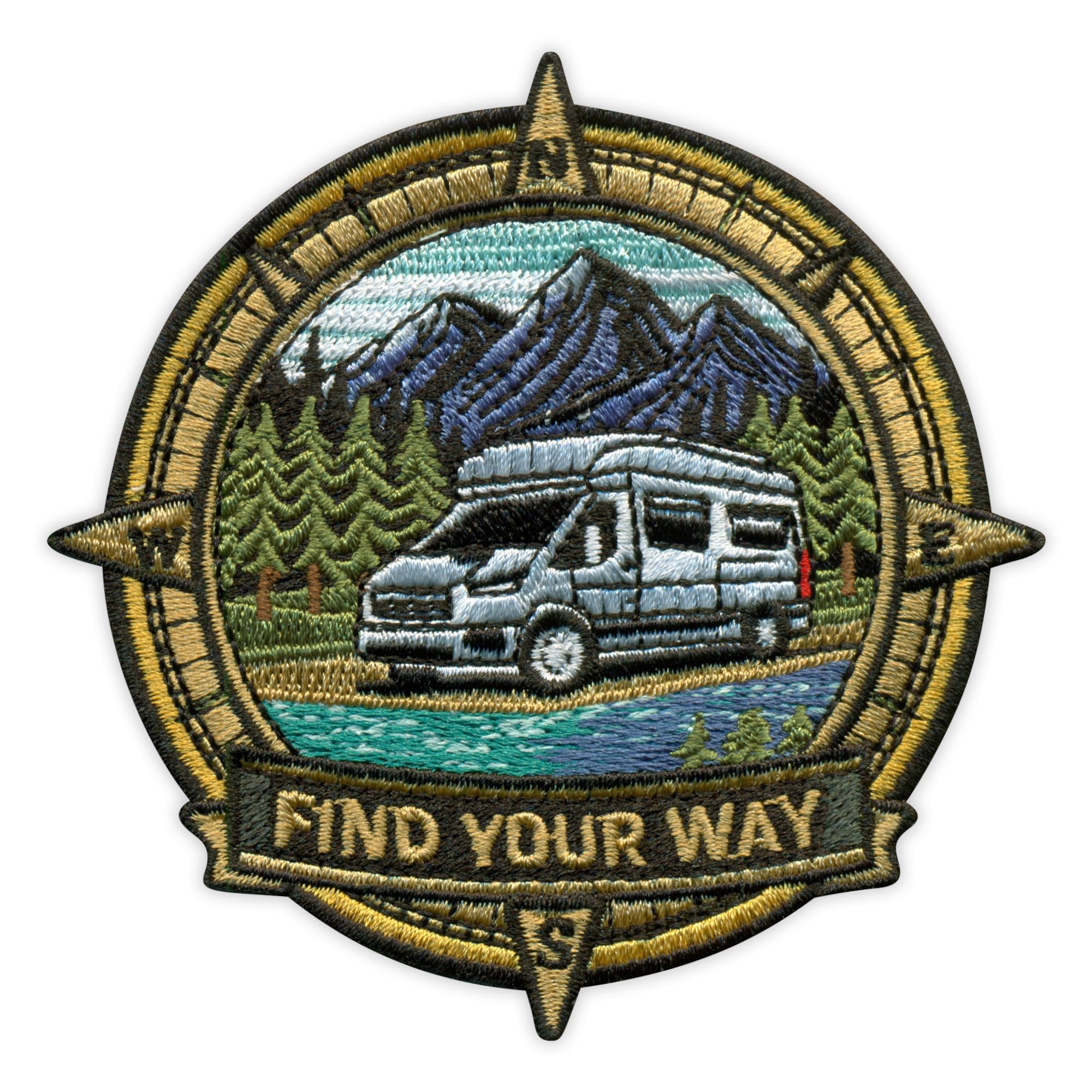 Set da quattro - Patchion Camper - TROVA LA TUA STRADA - Bussola (NSEW) - Compatibile con VELCRO® nero - Patch/Insegna/Emblema ricamato