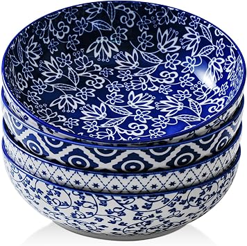 Ceramic Large Pasta Bowls - 45 OZ Salad Bowls 8 inch Wide Serving Bowls for Soup Dessert Dinner Noodle Fruit Bowls - Microwave Dishwasher Safe - Set of 4 - Blue and White