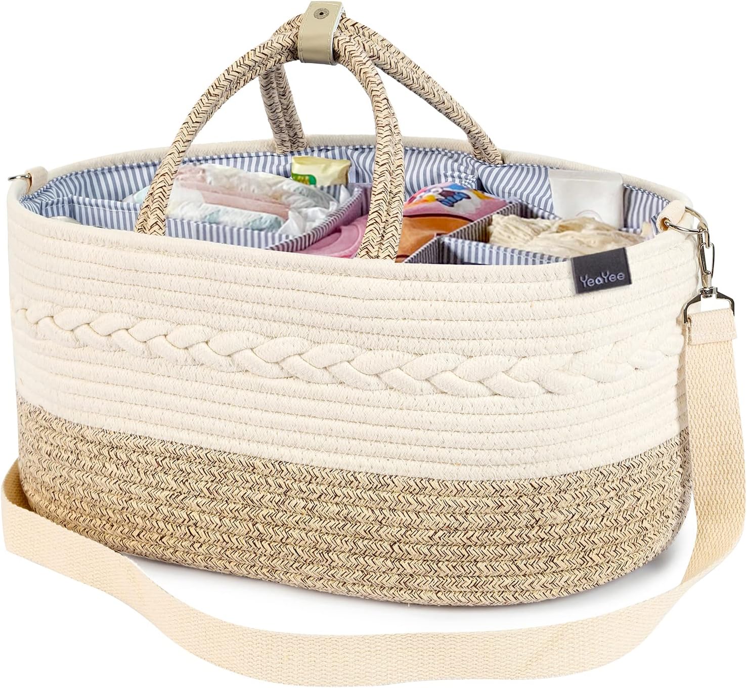 Nappy Caddy,Baby Diaper Caddy Organizer,Large,5 Grids,8 Pockets, Shoulder Strap Portable Nursery Storage Basket with 2 Changeable Compartments,100% Cotton,Newborn Gift (Large, Buckle-Yellow)