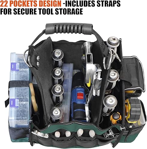 Miniatura 2 de Bolsa de herramientas con parte superior abierta de 15 pulgadas, bolsa de herramientas para electricistas con 22 bolsillos, bolsas de herramientas