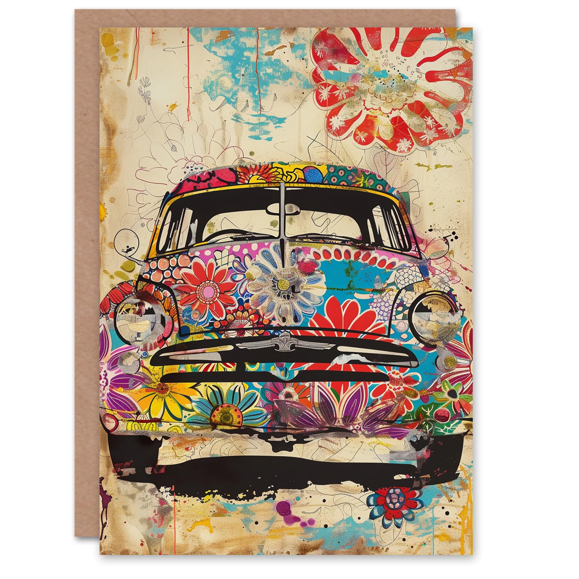 Artery8 Hippie Flower Power Colourful Hippy Vintage Car For Her Woman Birthday Card