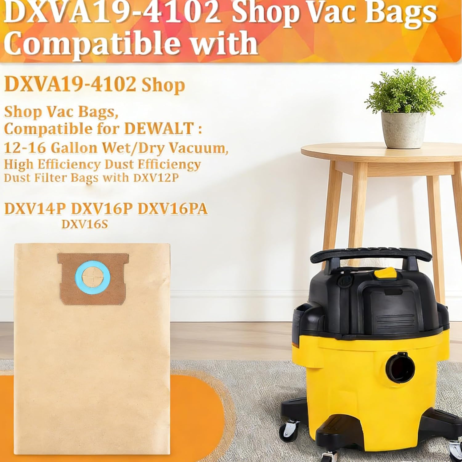 12 Pack DXVA19-4102 Shop Vac Bags, Compatible for DEWALT 12-16 Gallon Wet/Dry Vacuum,High Efficiency Dust Filter Bags with DXV12P DXV14P DXV16P DXV16PA DXV16S