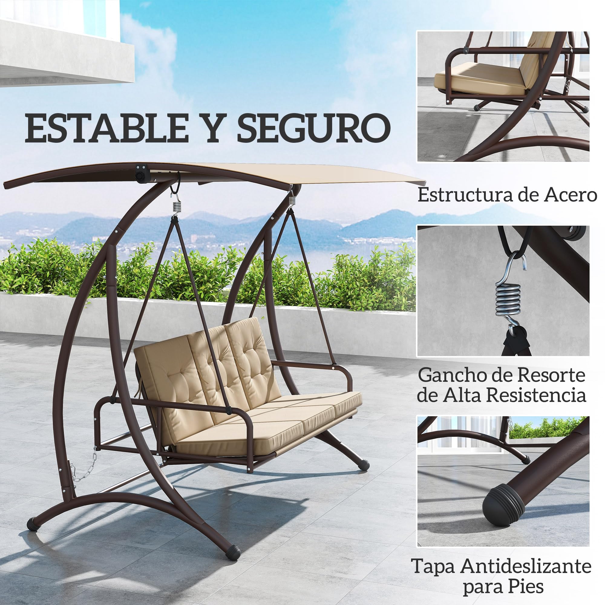 Outsunny Columpio de Jardín Exterior de 3 Plazas Balancín de Jardín Exterior Convertible en Cama con Toldo Ajustable Protección UPF30+ y Cojines Carga 330 kg 200x120x175 cm Caqui