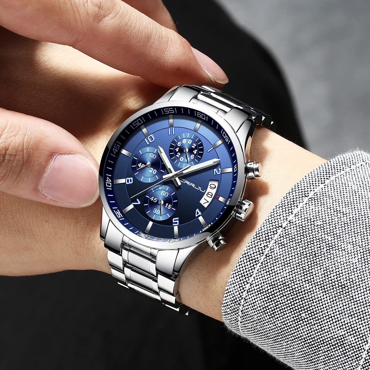 CRRJU Relojes de Pulsera para Hombres Impermeable Moda Analógico Cronómetro para Hombre de Cuarzo con Correa en Acero Inoxidable Negro Multifuncional Deportivos Reloj Regalos (Azul Plateado)