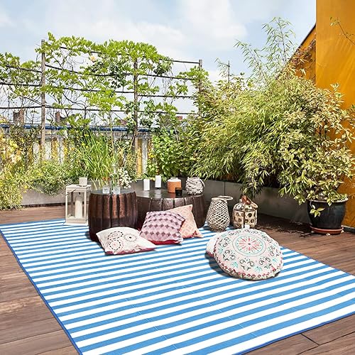 Miniatura 3 de Alfombras reversibles a rayas para exteriores para decoración de patio, 7 x 18 pies, impermeable, alfombra de área grande, paja de plástico,