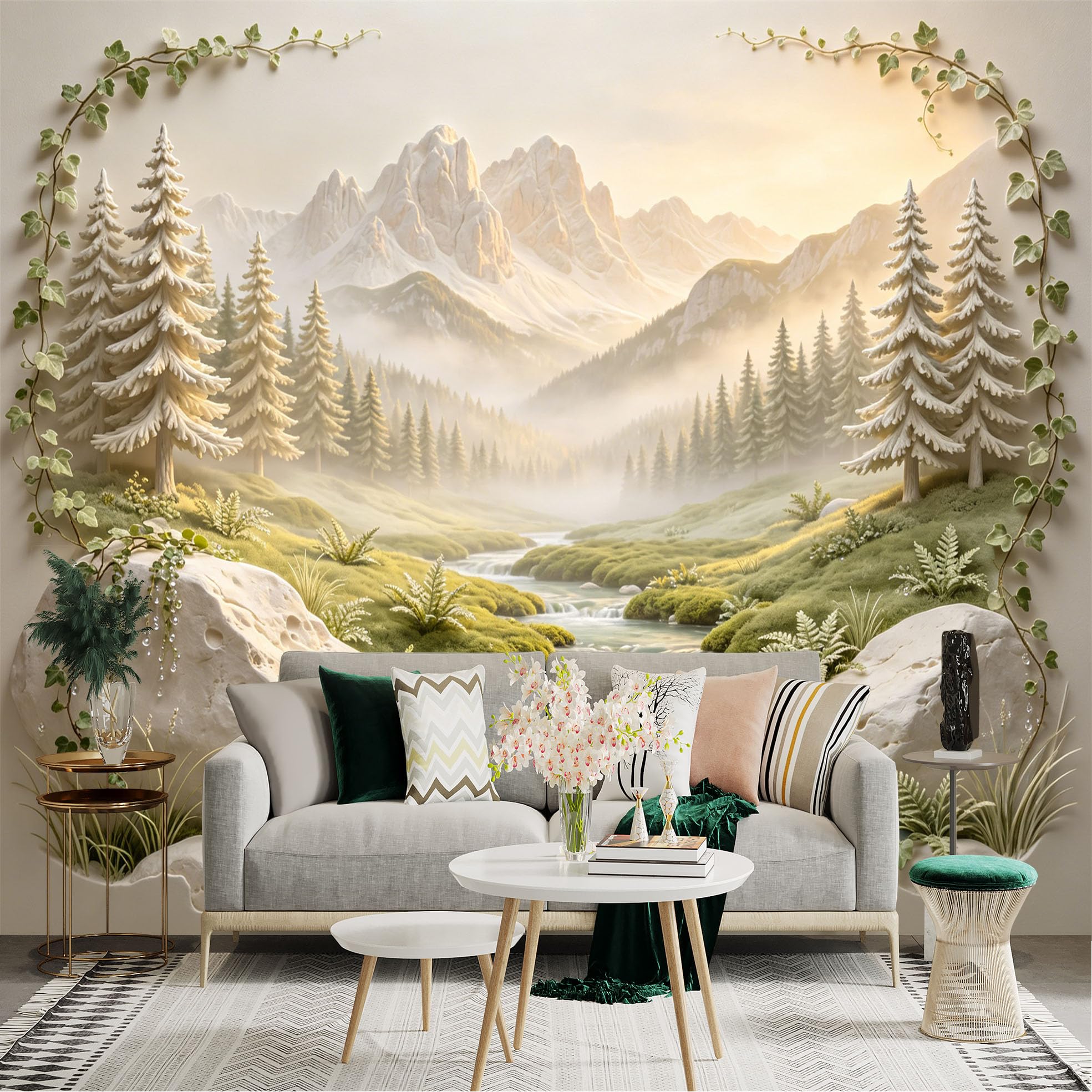 Custom Size Wall Sticker Mural， Mountain Landscape with Pine Trees， River and Morning Mist， for wall Decoration， peelandstick wall Decals.