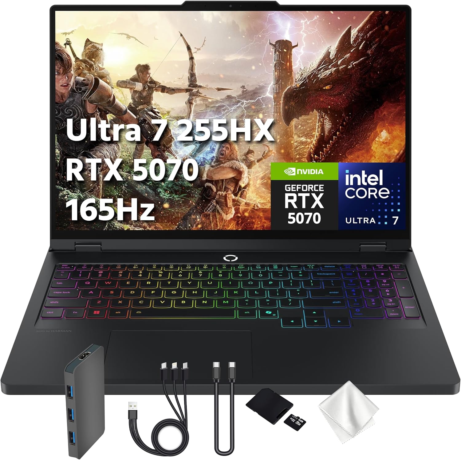 Lenovo Legion Pro 5i 16" WQXGA 165Hz OLED AI-Powered Gaming Laptop, Intel 20-Core Ultra7 255HX, GeForce RTX 5070 8GB GDDR7, 16GB RAM, 1TB PCIe SSD, Backlit, Win 11 Pro, Black, 1TB Docking Station