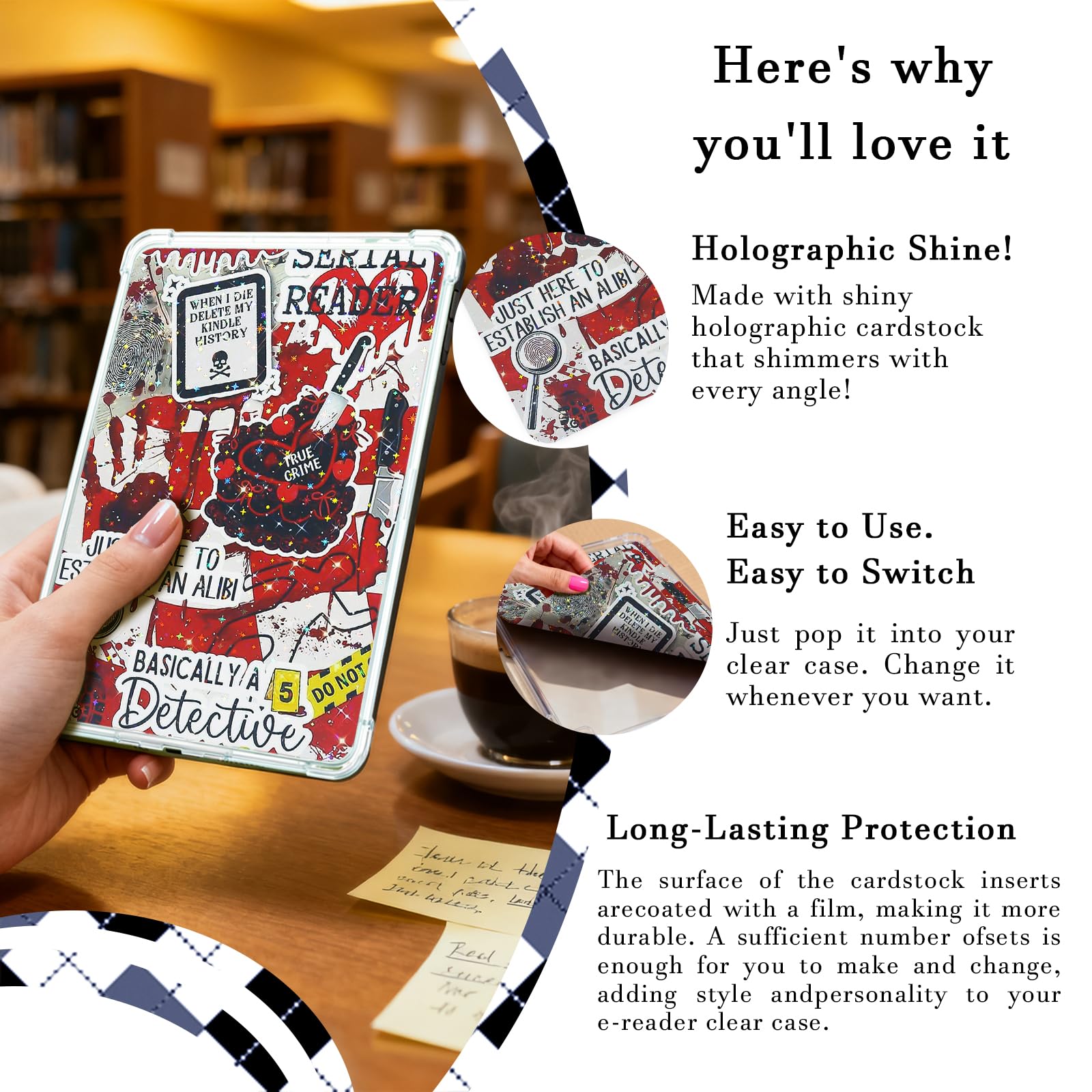 Bonito juego de tarjetas de inserción para Kindle, 6 diseños temáticos de libro con dijes para Kindle y tapones antipolvo USB-C, para 11ª/12ª generación, 6.8 x 4.8 pulgadas (negro 2)