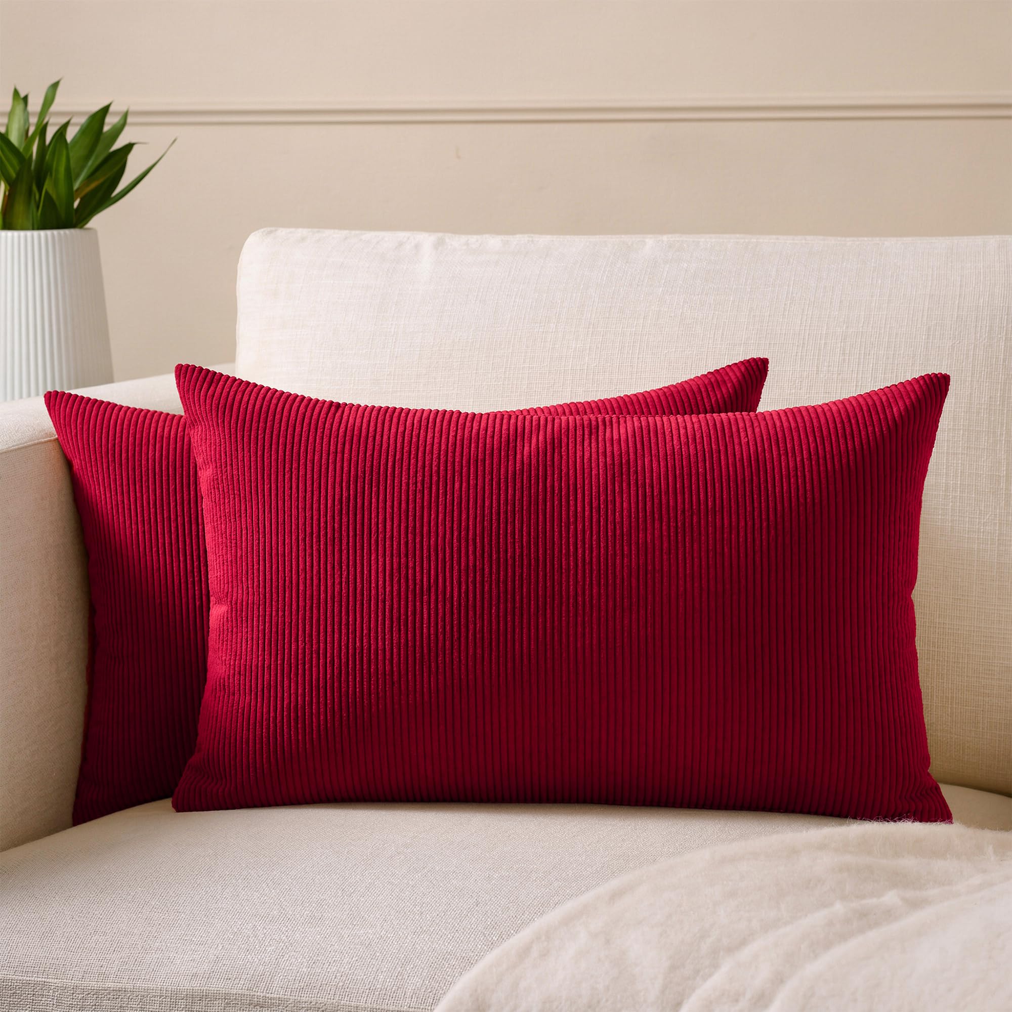 Encasa XO Corduroy Cushion Covers, No Inserts, Set of 2, Red