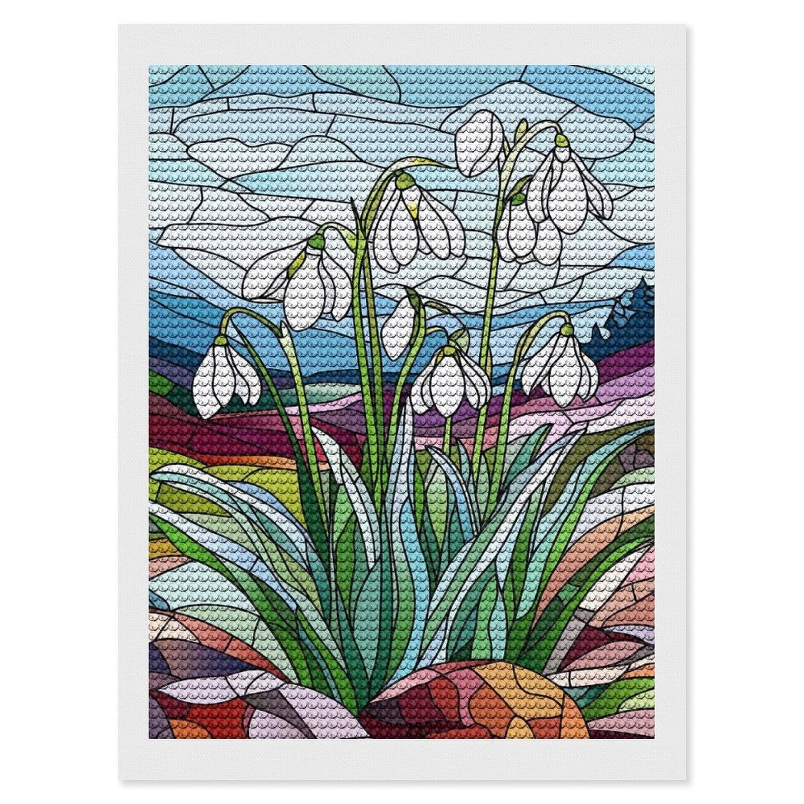 Junmoney Stained Glass Snowdrops DIY Diamond Art Canvas Kit 12"x16", for Teens, Finish and Display, Holiday Gift Idea, Vintage Style Decor