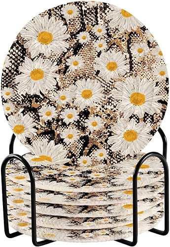 Daisy Modern Leopard Drink Coasters Absorbent Coasters for Dining Table and Holder Set of 6 Cotton Coasters Home