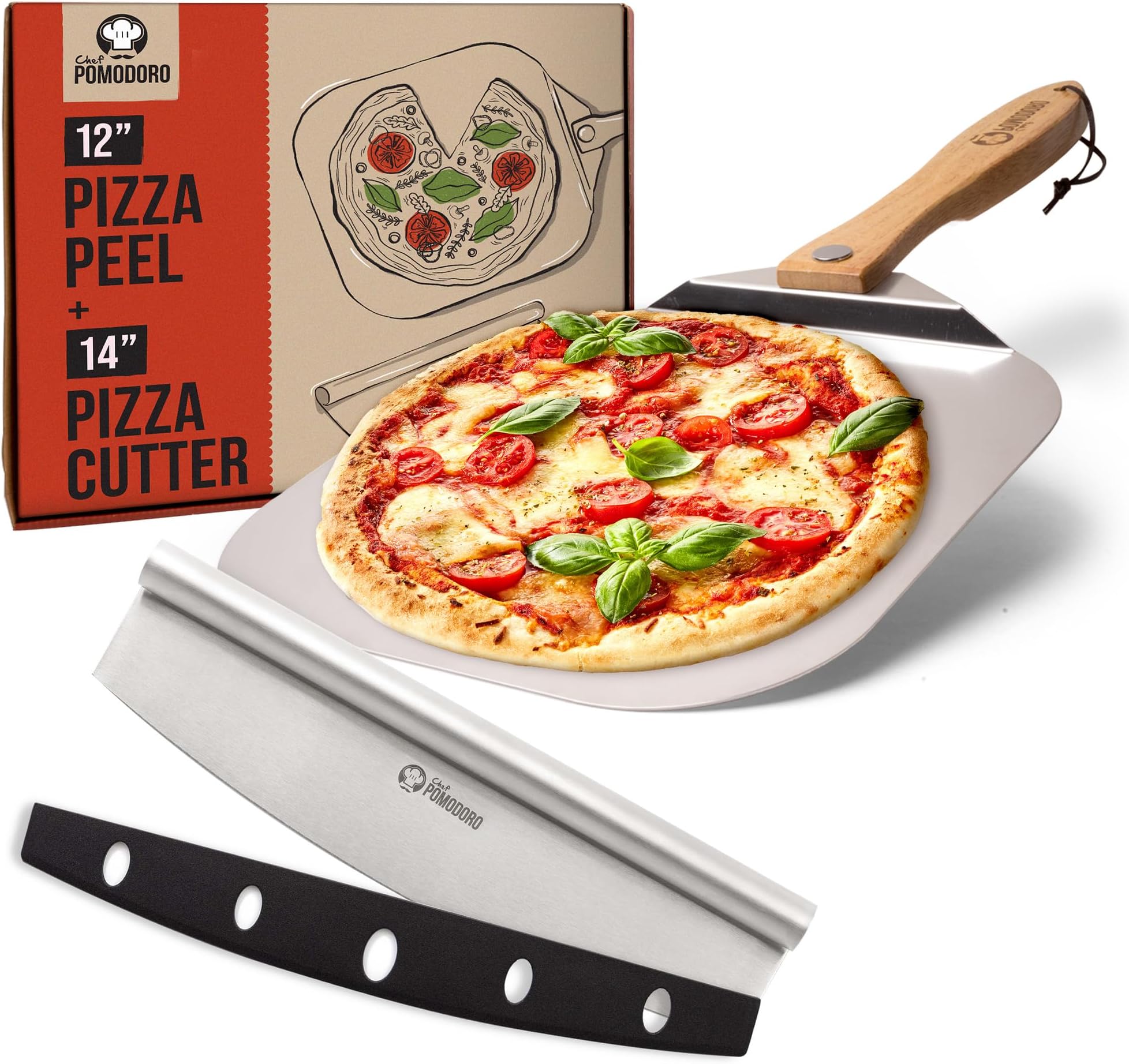 Chef Pomodoro Pizza Peel, Pizza Paddle with Safety Backstep and Foldable Wood Handle for Easy Storage, Metal Pizza Peel for Baking Homemade Pizza (30.5 x 35.6 cm + 35.5 Cutter)