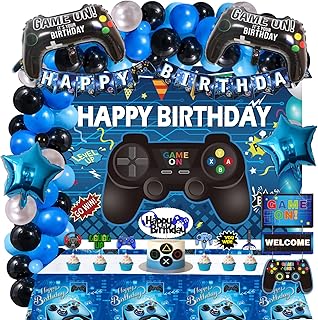 100 PCs Video Game Party Decorations, Hombae Blue and Black Video Game Birthday Decorations Backdrop Balloon Garland Banner Hanging Sign Tablecloth Cake Cupcake Topper Black Controller Go Win Game On