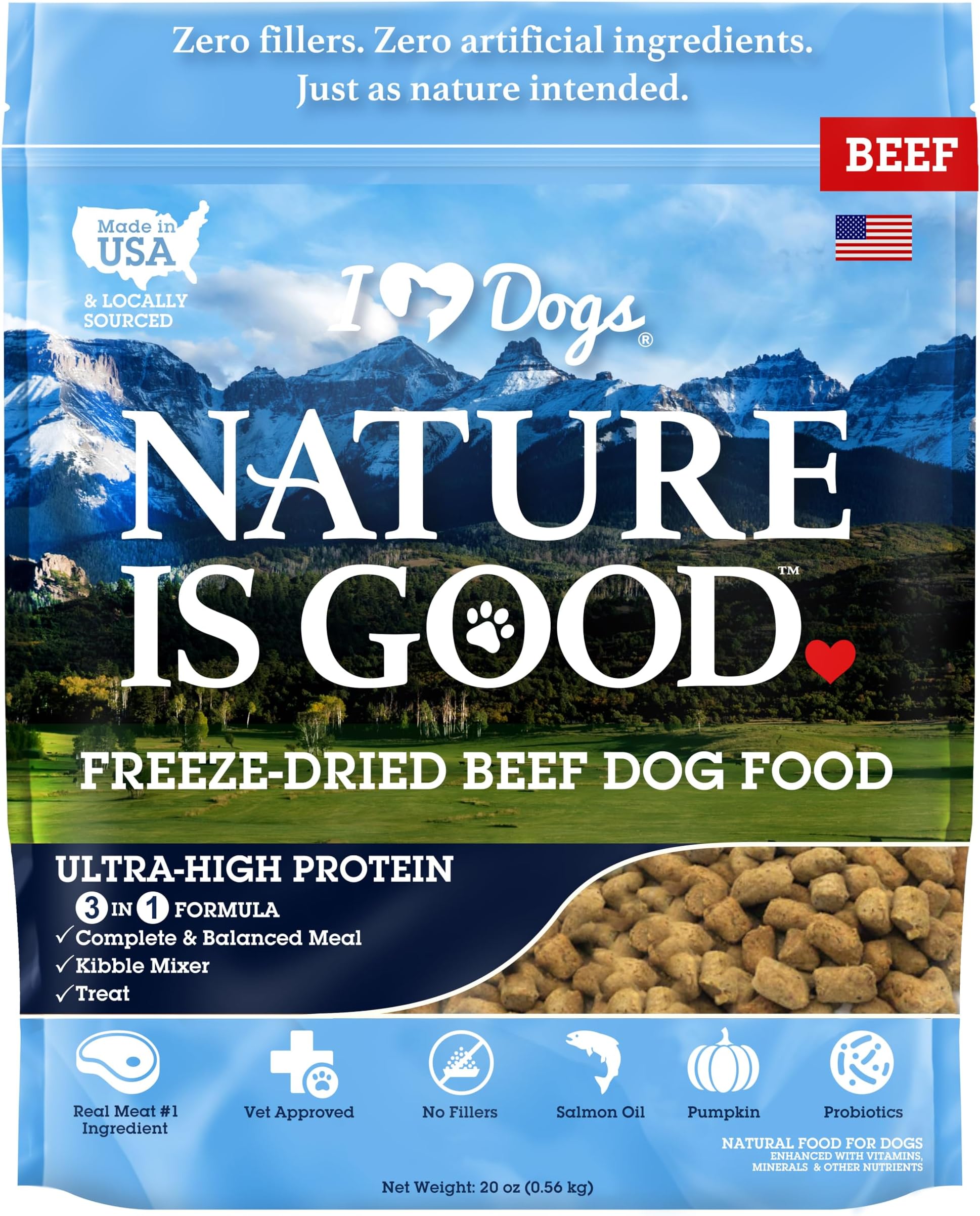 iHeartDogsNature is Good Freeze-Dried Dog Food - Vet-Approved, Filler-Free Raw Dog Food, Meal Mixer, or Treat Supports Overall Health & Well-Being - Beef, 20 oz