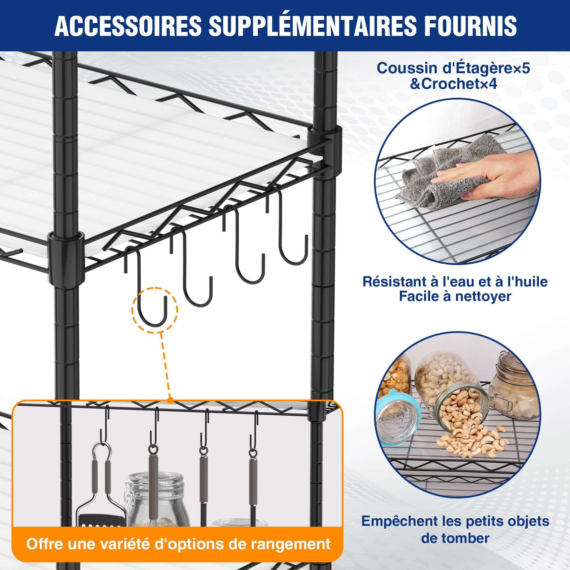 WORKPRO Étagère de Rangement à 5 Niveaux, Étagère de Stockage Metallique | Étagère Charge Lourde de 250KG(Total), 5 Couches Réglables, 4 Pieds Réglables en Hauteur, 44x29x130cm, pour Maison/Bureau