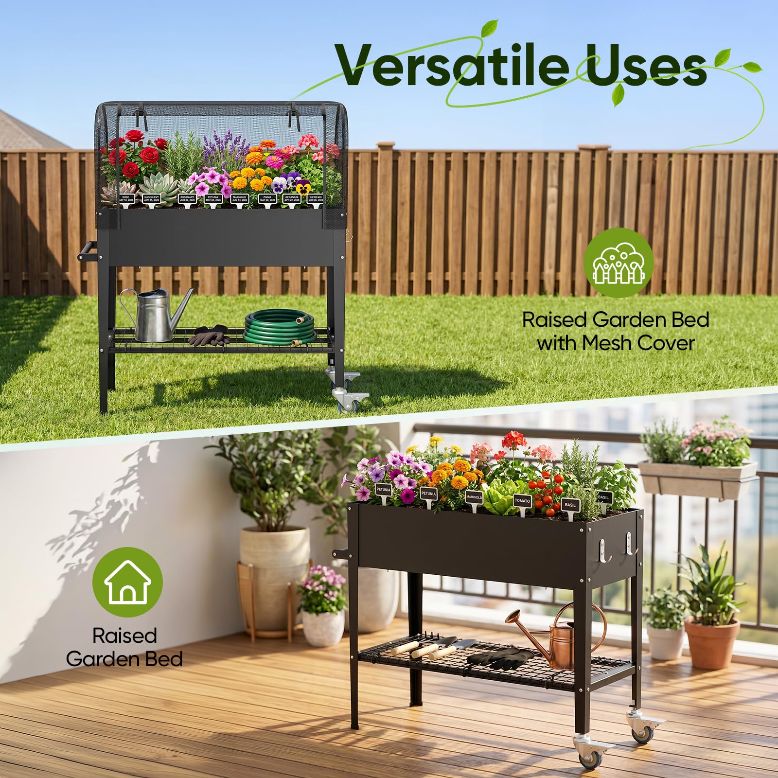 Bancal portátil para verduras con capacidad de 82,7 l | Bancal de metal con cubierta de red y ruedas, 111 x 57 x 120 cm, galvanizado inoxidable, para balcón, terraza