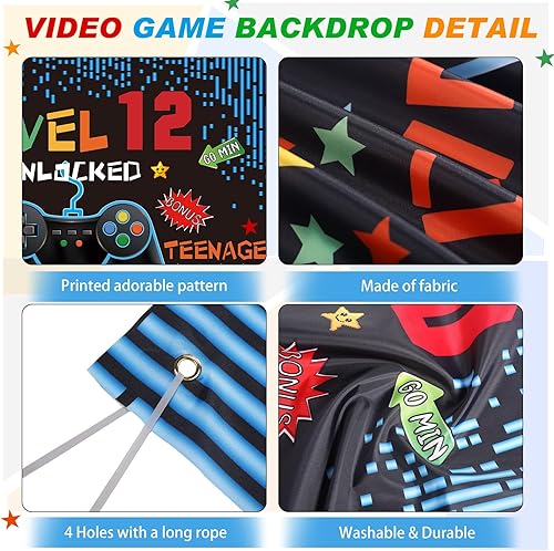 Vista 3 de Decoraciones de cumpleaños de videojuegos de 8, 9, 10, 11, 12, 13, 14 cumpleaños para niños, temática de videojuegos, accesorios de fotos, telón