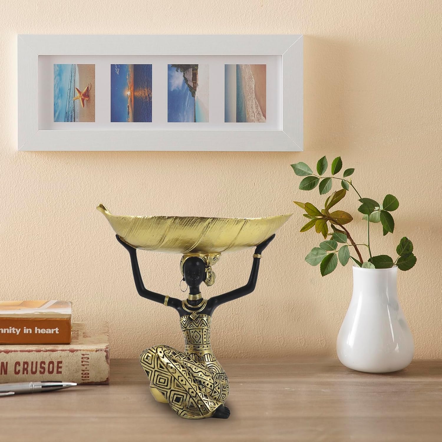 African Woman Sculpture with Gold Leaf Bowl, Handmade Resin Figurine, Exotic Tribal Art Statue for Living Room, Dining Table, or Entryway Decoration - Image 5