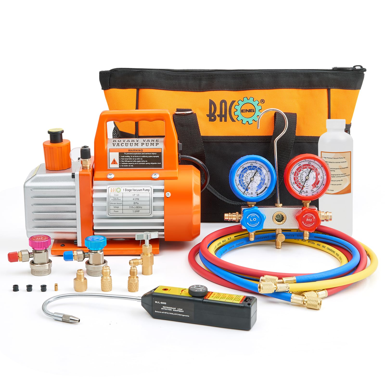 BACOENG4 CFM AC Vacuum Pump and Gauge Set, HVAC Vacuum Pump Kit with Leak Detector for R134a R410a R12 R22 Refrigerants, with Can Tap and Quick Couplers