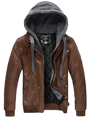 wantdo Men's Faux Leather Jacket with Removable Hood Motorcycle Jacket