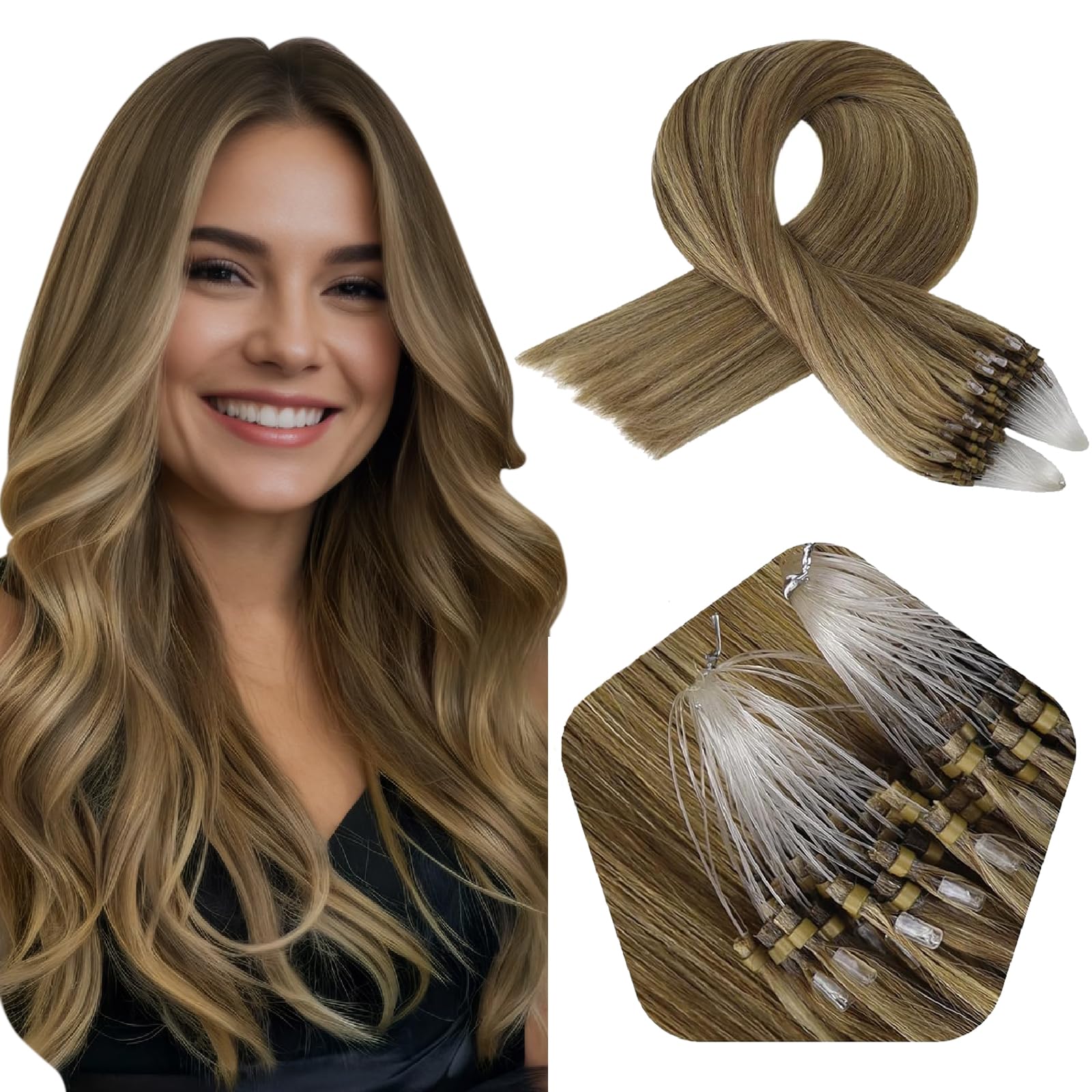 Full Shine Blonde Micro Loop Human Hair Extensions Color 4 Medium Brown Highlighted 27 Honey Blonde Micro Ring Hair Extensions Real Human Hair 50G/50S Prebonded Hair 16 Inch Straight Soft Hair