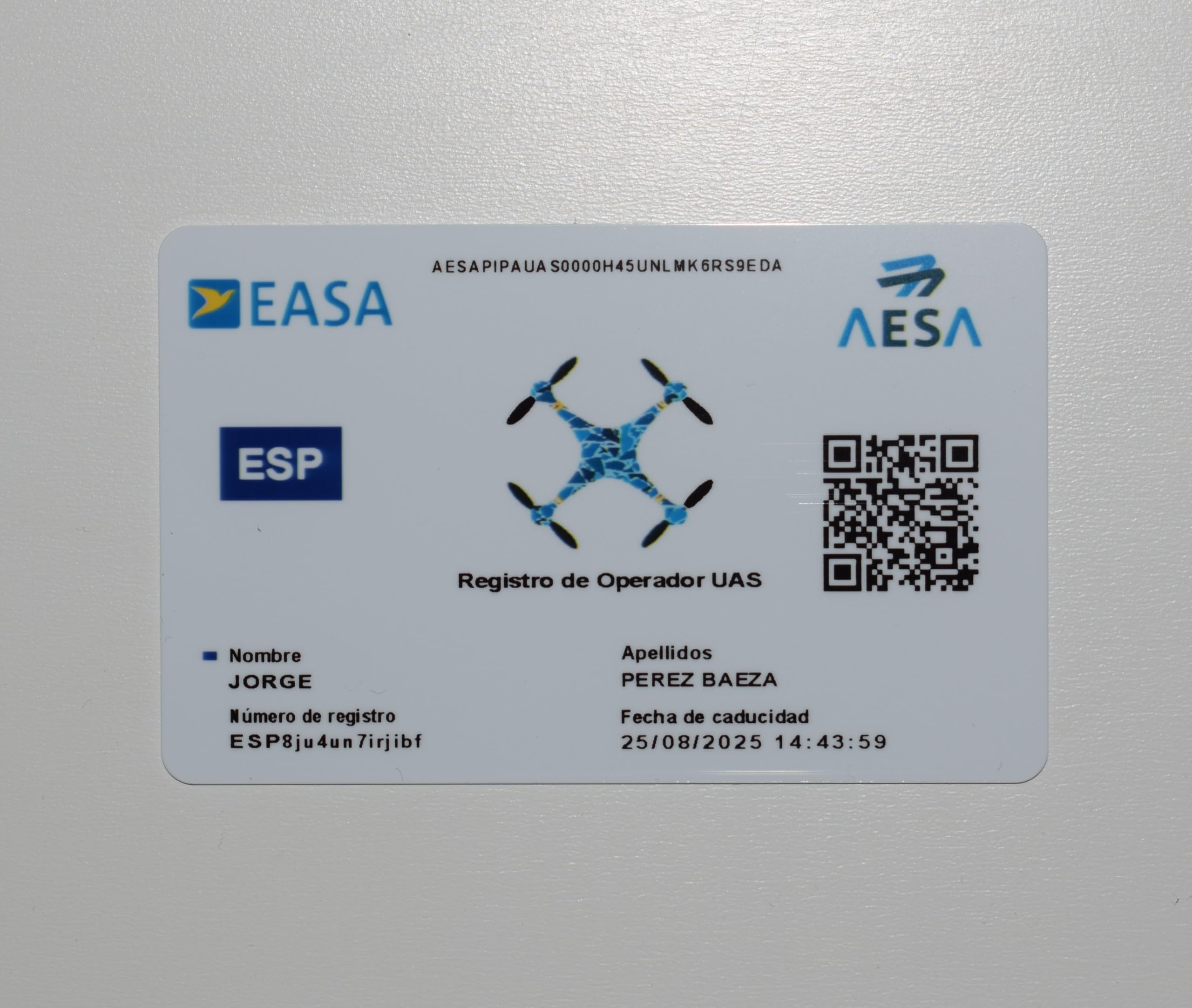 ● TARJETA DE PVC EASA ● Impresión Una cara ● Impresión Doble cara ● Número de Operador + Certificado de Piloto de drones | A1/A3 | A2 | STS (1 Tarjeta | Impresión a Doble Cara)