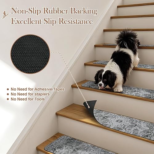 Miniatura 3 de OJIA Juego de 15 peldaños de escalera extra antideslizantes para peldaños de madera, 30 x 8 pulgadas, de goma para interiores, alfombras de