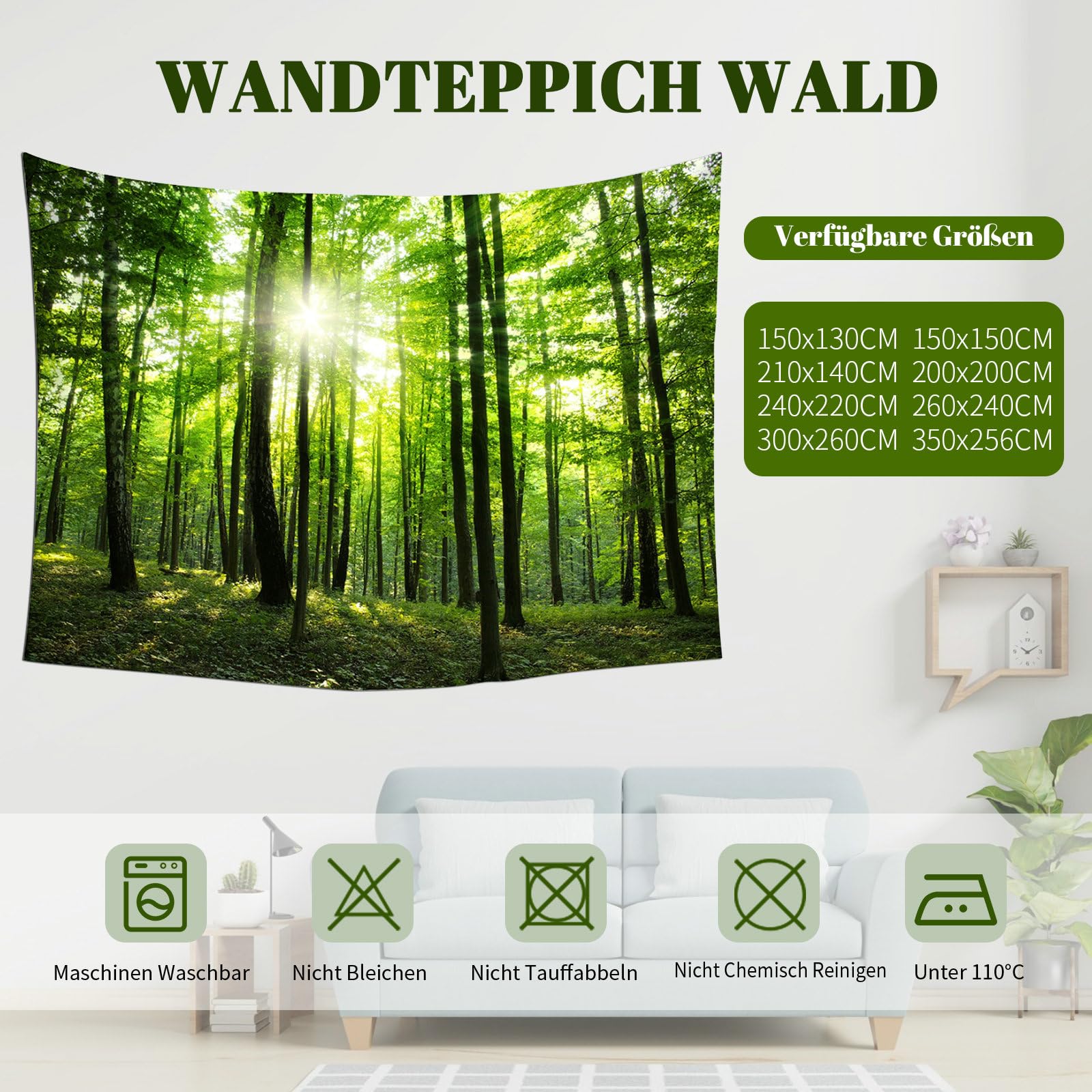 Beydodo Wandteppich Groß 300x256CM, Wandbehang Wald Grün Wandvorhang Motiv Natur Wandteppich Aesthetic Wall Tapestry Wanddeko für Schlafzimmer Wohnzimmer Wohnheim