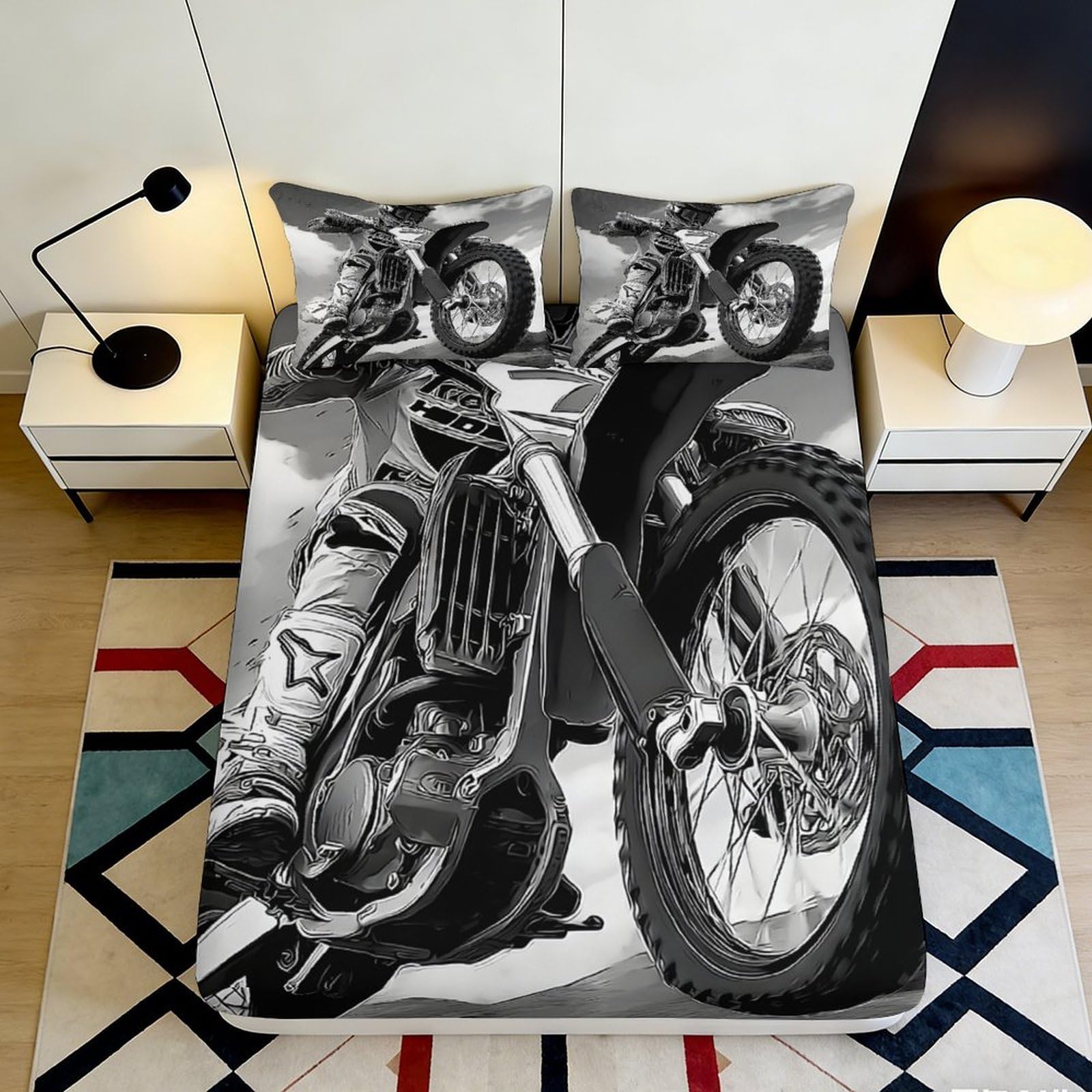 Modern bedroom decor 3D Printed motorcycle Fitted Sheet, soft touch Microfiber, wrinkle resistant, apartment bedding, easy care, stylish accent, bed cover, 120x200cm 90x200x25cm