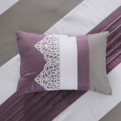 Miniatura 4 de Chezmoi Collection Chloe - Juego de edredón de 7 piezas con bordado geométrico geométrico a rayas plisadas, color morado y gris, tamaño Queen